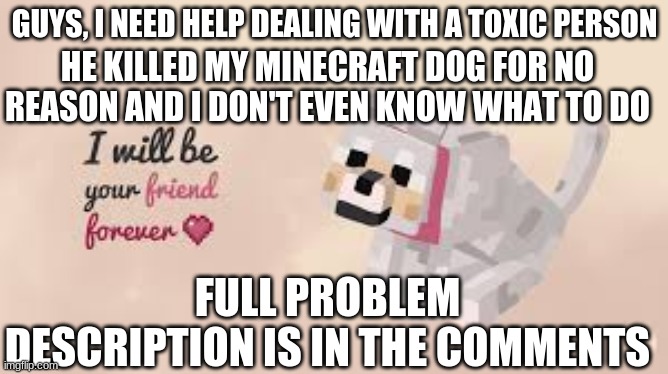 GUYS, I NEED HELP DEALING WITH A TOXIC PERSON; HE KILLED MY MINECRAFT DOG FOR NO REASON AND I DON'T EVEN KNOW WHAT TO DO; FULL PROBLEM DESCRIPTION IS IN THE COMMENTS | made w/ Imgflip meme maker