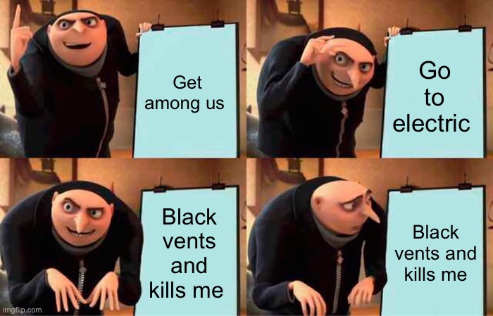 Gru's Plan Meme | Get among us; Go to electric; Black vents and kills me; Black vents and kills me | image tagged in memes,gru's plan | made w/ Imgflip meme maker