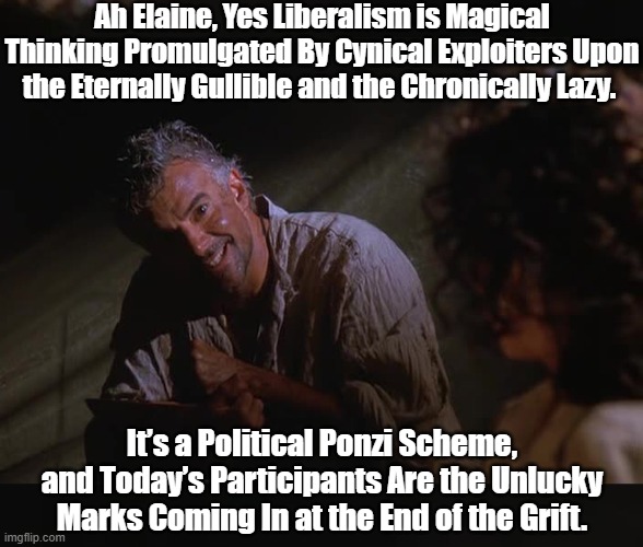LIBERALISM HELP FIND A CURE. | Ah Elaine, Yes Liberalism is Magical Thinking Promulgated By Cynical Exploiters Upon the Eternally Gullible and the Chronically Lazy. It’s a Political Ponzi Scheme, and Today’s Participants Are the Unlucky Marks Coming In at the End of the Grift. | image tagged in liberalism,liberalism help find a cure,j peterman,elaine benes | made w/ Imgflip meme maker