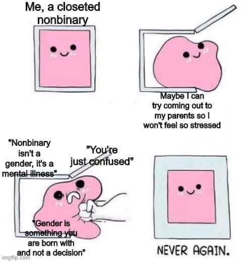 Dysphoria + Christian Parents = Not a good outcome :/ | Me, a closeted nonbinary; Maybe I can try coming out to my parents so I won't feel so stressed; "Nonbinary isn't a gender, it's a mental illness"; "You're just confused"; "Gender is something you are born with and not a decision" | image tagged in never again,lgbtq | made w/ Imgflip meme maker