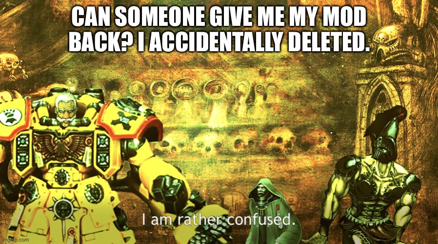 I am rather confused | CAN SOMEONE GIVE ME MY MOD BACK? I ACCIDENTALLY DELETED. | image tagged in i am rather confused | made w/ Imgflip meme maker
