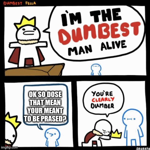 I'm the dumbest man alive | OK SO DOSE THAT MEAN YOUR MEANT TO BE PRAISED? | image tagged in i'm the dumbest man alive | made w/ Imgflip meme maker
