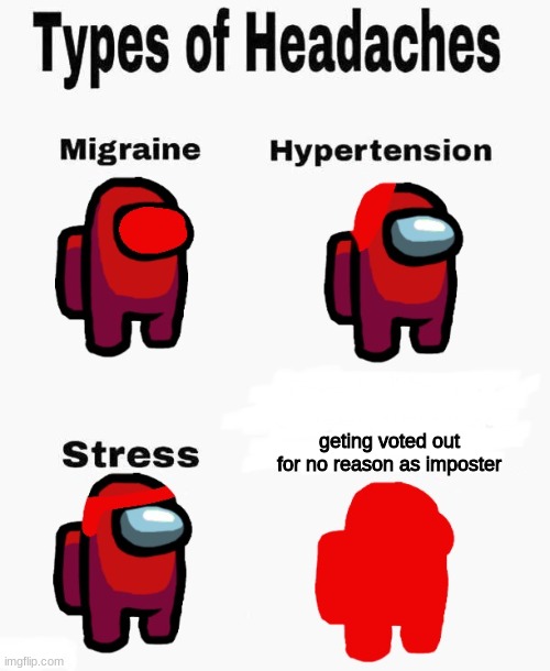 Among us types of headaches | geting voted out for no reason as imposter | image tagged in among us types of headaches | made w/ Imgflip meme maker