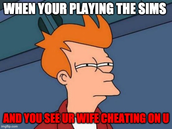 Futurama Fry | WHEN YOUR PLAYING THE SIMS; AND YOU SEE UR WIFE CHEATING ON U | image tagged in memes,futurama fry | made w/ Imgflip meme maker