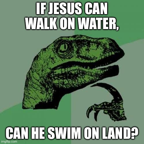 Hmm... | IF JESUS CAN WALK ON WATER, CAN HE SWIM ON LAND? | image tagged in memes,philosoraptor | made w/ Imgflip meme maker