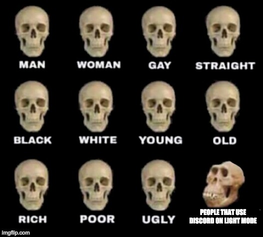 a skull meme, also i have a YT channel | PEOPLE THAT USE DISCORD ON LIGHT MODE | image tagged in idiot skull | made w/ Imgflip meme maker