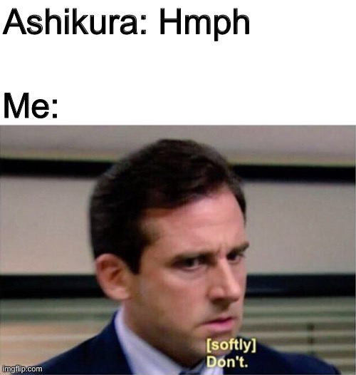 Im sorry it just a joke man.. why did you take it seriously? | Ashikura: Hmph; Me: | image tagged in michael scott don't softly | made w/ Imgflip meme maker