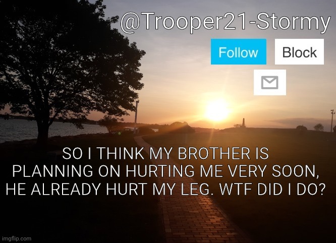 Sorry if I become grumpy | SO I THINK MY BROTHER IS PLANNING ON HURTING ME VERY SOON, HE ALREADY HURT MY LEG. WTF DID I DO? | image tagged in trooper21-stormy | made w/ Imgflip meme maker