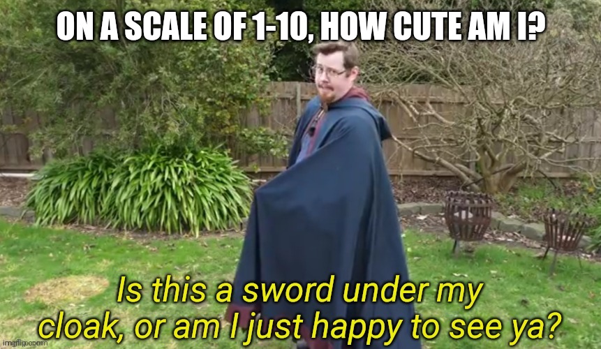 Is this a sword under my cloak? | ON A SCALE OF 1-10, HOW CUTE AM I? | image tagged in is this a sword under my cloak | made w/ Imgflip meme maker