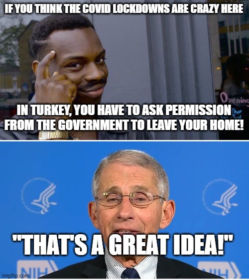 IF YOU THINK THE COVID LOCKDOWNS ARE CRAZY HERE; IN TURKEY, YOU HAVE TO ASK PERMISSION FROM THE GOVERNMENT TO LEAVE YOUR HOME! "THAT'S A GREAT IDEA!" | image tagged in memes,roll safe think about it,dr fauci | made w/ Imgflip meme maker