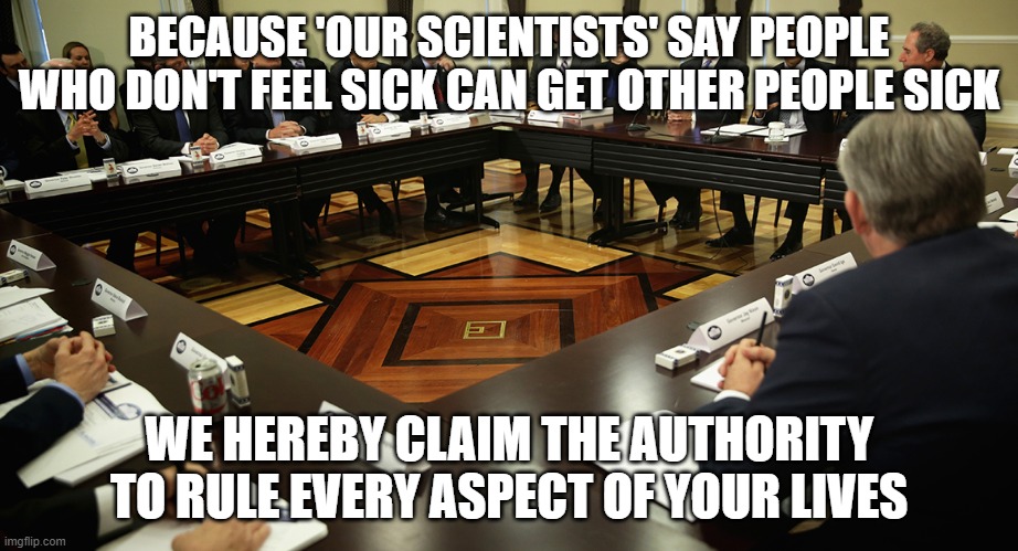 Democrat State Governors | BECAUSE 'OUR SCIENTISTS' SAY PEOPLE WHO DON'T FEEL SICK CAN GET OTHER PEOPLE SICK; WE HEREBY CLAIM THE AUTHORITY TO RULE EVERY ASPECT OF YOUR LIVES | image tagged in democrat state governors | made w/ Imgflip meme maker