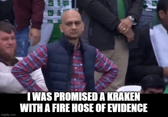 muhammad sarim akhtar | I WAS PROMISED A KRAKEN WITH A FIRE HOSE OF EVIDENCE | image tagged in muhammad sarim akhtar | made w/ Imgflip meme maker