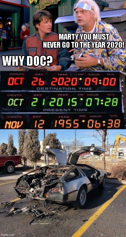 MARTY YOU MUST NEVER GO TO THE YEAR 2020! WHY DOC? | image tagged in back to the future,2020 sucks | made w/ Imgflip meme maker