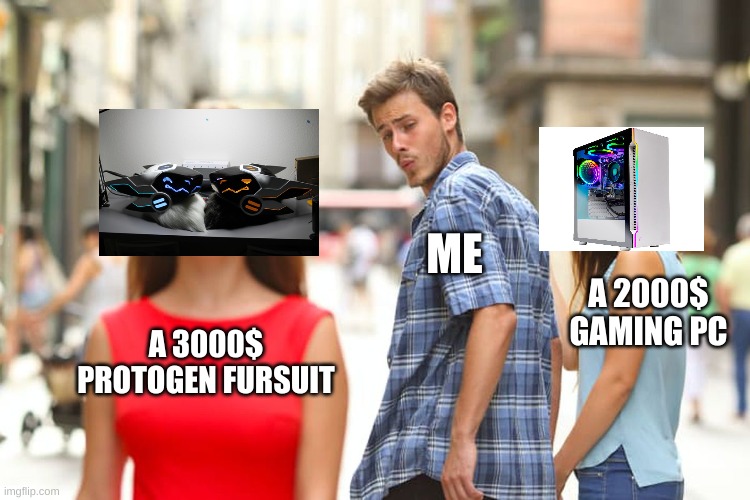 Distracted Boyfriend Meme | ME; A 2000$ GAMING PC; A 3000$ PROTOGEN FURSUIT | image tagged in memes,distracted boyfriend | made w/ Imgflip meme maker