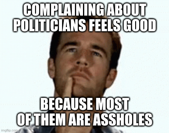 interesting | COMPLAINING ABOUT POLITICIANS FEELS GOOD; BECAUSE MOST OF THEM ARE ASSHOLES | image tagged in interesting | made w/ Imgflip meme maker