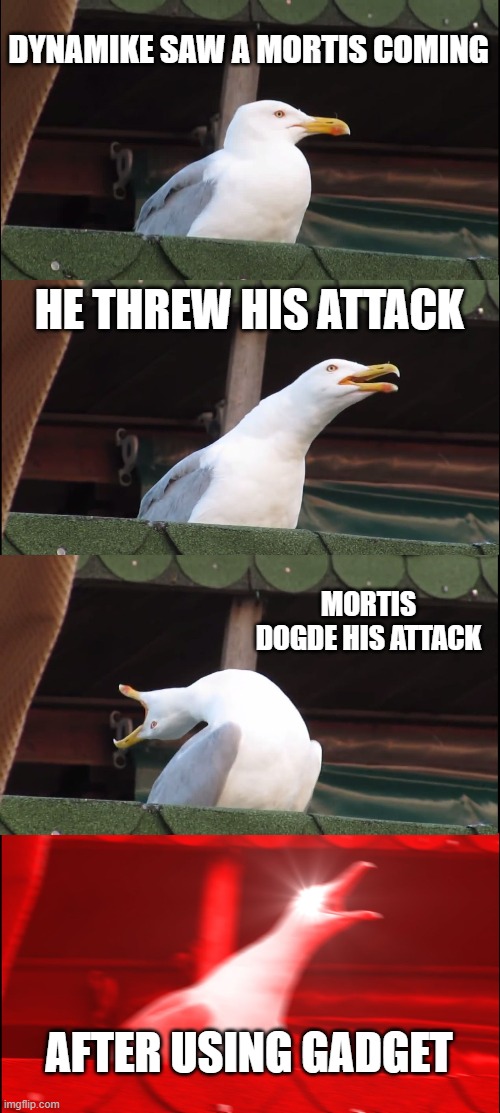 Inhaling Seagull | DYNAMIKE SAW A MORTIS COMING; HE THREW HIS ATTACK; MORTIS DOGDE HIS ATTACK; AFTER USING GADGET | image tagged in memes,inhaling seagull | made w/ Imgflip meme maker