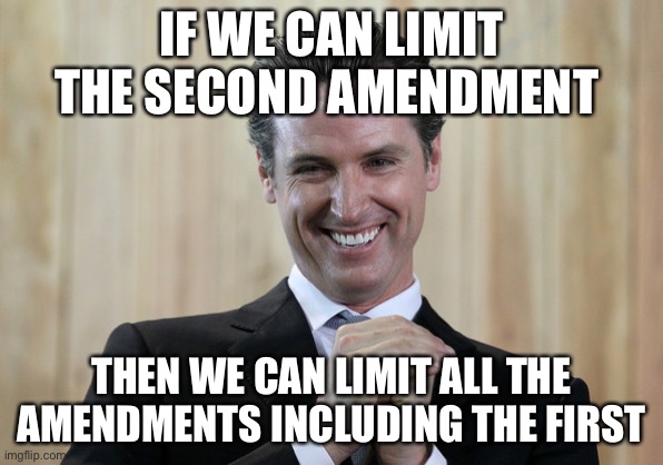 Scheming Gavin Newsom  | IF WE CAN LIMIT THE SECOND AMENDMENT THEN WE CAN LIMIT ALL THE AMENDMENTS INCLUDING THE FIRST | image tagged in scheming gavin newsom | made w/ Imgflip meme maker