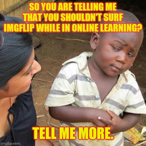 Third World Skeptical Kid Meme | SO YOU ARE TELLING ME THAT YOU SHOULDN'T SURF IMGFLIP WHILE IN ONLINE LEARNING? TELL ME MORE. | image tagged in memes,third world skeptical kid | made w/ Imgflip meme maker