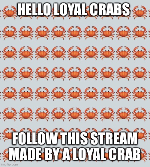 Crabs support other crabs | HELLO LOYAL CRABS; FOLLOW THIS STREAM MADE BY A LOYAL CRAB | image tagged in crab background | made w/ Imgflip meme maker