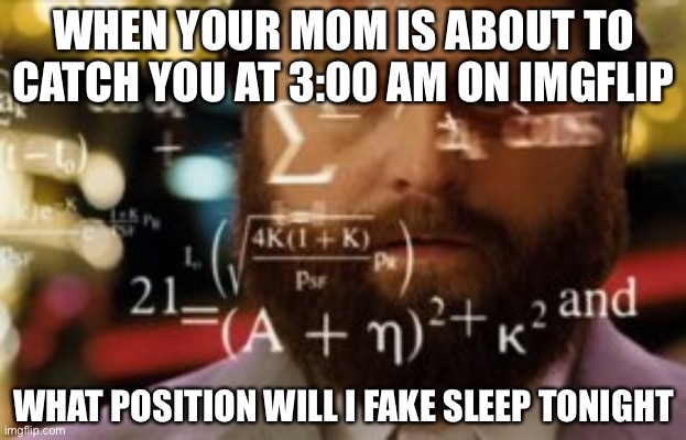 Trying to calculate how much sleep I can get | WHEN YOUR MOM IS ABOUT TO CATCH YOU AT 3:00 AM ON IMGFLIP; WHAT POSITION WILL I FAKE SLEEP TONIGHT | image tagged in trying to calculate how much sleep i can get | made w/ Imgflip meme maker