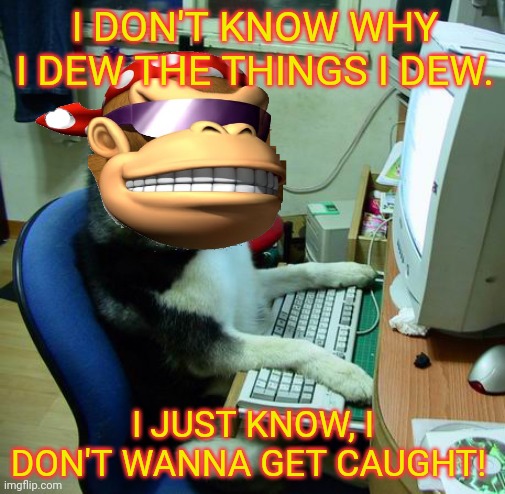 I Have No Idea What I Am Doing | I DON'T KNOW WHY I DEW THE THINGS I DEW. I JUST KNOW, I DON'T WANNA GET CAUGHT! | image tagged in memes,i have no idea what i am doing,surlykong | made w/ Imgflip meme maker