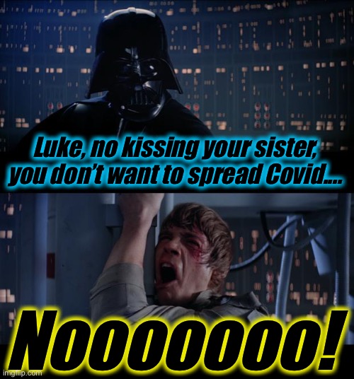Star Wars No Kissing Sister No! |  Luke, no kissing your sister, you don’t want to spread Covid.... Nooooooo! | image tagged in memes,star wars no,evilmandoevil,funny,funny memes | made w/ Imgflip meme maker