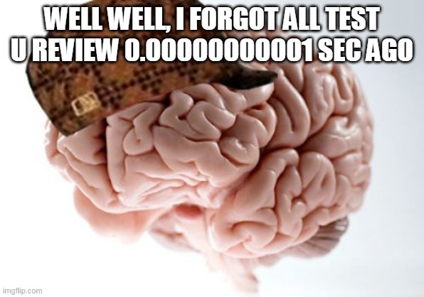 Scumbag Brain Meme | WELL WELL, I FORGOT ALL TEST U REVIEW 0.00000000001 SEC AGO | image tagged in memes,scumbag brain | made w/ Imgflip meme maker