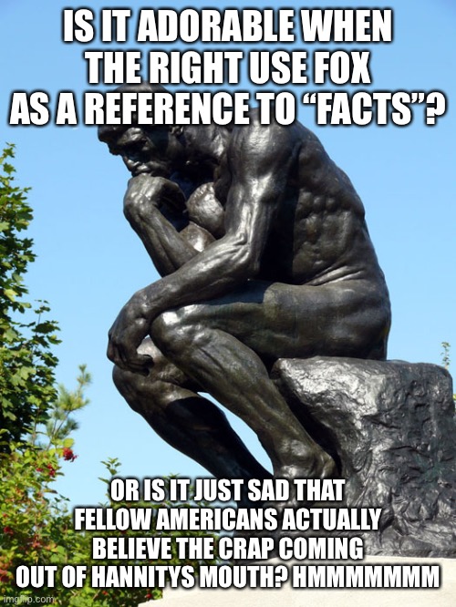 The Thinker | IS IT ADORABLE WHEN THE RIGHT USE FOX AS A REFERENCE TO “FACTS”? OR IS IT JUST SAD THAT FELLOW AMERICANS ACTUALLY BELIEVE THE CRAP COMING OUT OF HANNITYS MOUTH? HMMMMMMM | image tagged in the thinker | made w/ Imgflip meme maker