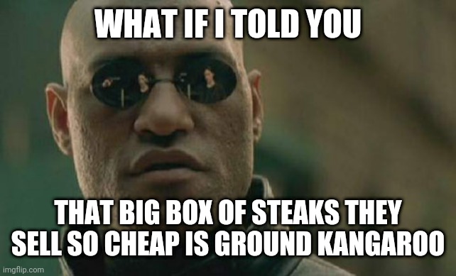 Matrix Morpheus | WHAT IF I TOLD YOU; THAT BIG BOX OF STEAKS THEY SELL SO CHEAP IS GROUND KANGAROO | image tagged in memes,matrix morpheus | made w/ Imgflip meme maker