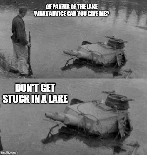 True dat | OF PANZER OF THE LAKE WHAT ADVICE CAN YOU GIVE ME? DON'T GET STUCK IN A LAKE | image tagged in panzer of the lake | made w/ Imgflip meme maker