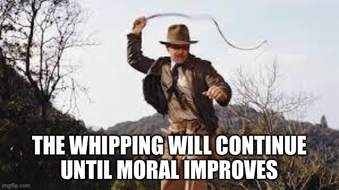 Whip | THE WHIPPING WILL CONTINUE
UNTIL MORAL IMPROVES | image tagged in whip | made w/ Imgflip meme maker
