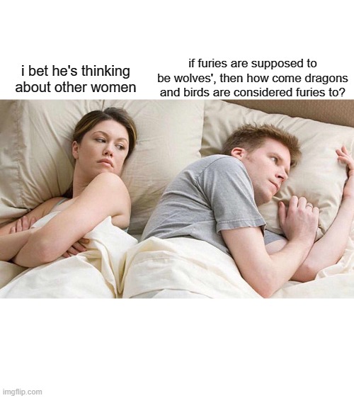 Think | if furies are supposed to be wolves', then how come dragons and birds are considered furies to? i bet he's thinking about other women | image tagged in memes,i bet he's thinking about other women | made w/ Imgflip meme maker