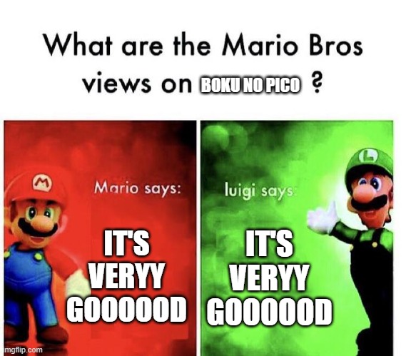 weird weebs be like: | BOKU NO PICO; IT'S VERYY GOOOOOD; IT'S VERYY GOOOOOD | image tagged in mario bros views | made w/ Imgflip meme maker