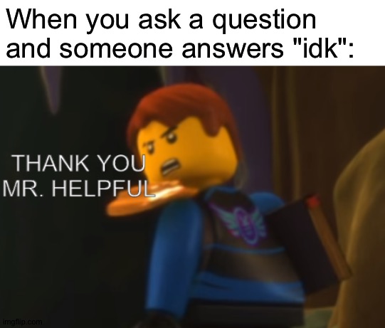 Posting this here also because yes. | When you ask a question and someone answers "idk": | image tagged in thank you mr helpful | made w/ Imgflip meme maker