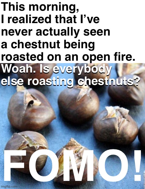 Fear Of Missing Out | This morning, I realized that I’ve never actually seen a chestnut being roasted on an open fire. Woah. Is everybody else roasting chestnuts? Woah. Is everybody else roasting chestnuts? FOMO! | image tagged in funny memes,christmas songs,chestnuts roasting on an open fire | made w/ Imgflip meme maker