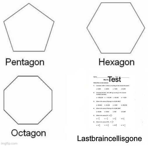 Test | Test; Lastbraincellisgone | image tagged in memes,pentagon hexagon octagon | made w/ Imgflip meme maker
