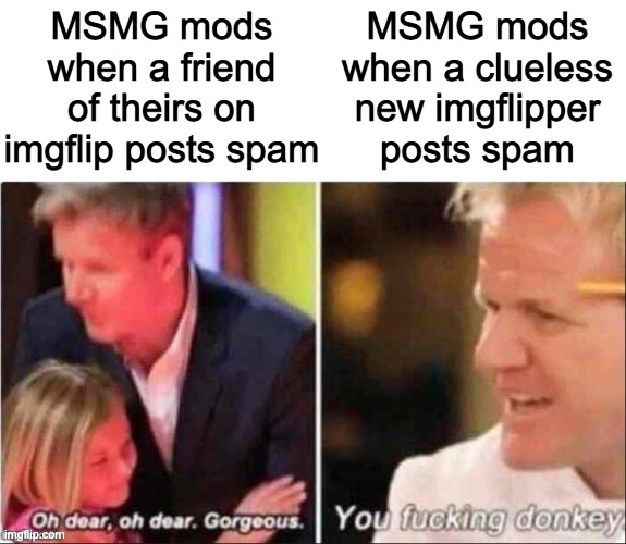 Oh Dear Oh Dear Gorgeous | MSMG mods when a friend of theirs on imgflip posts spam; MSMG mods when a clueless new imgflipper posts spam | image tagged in oh dear oh dear gorgeous | made w/ Imgflip meme maker