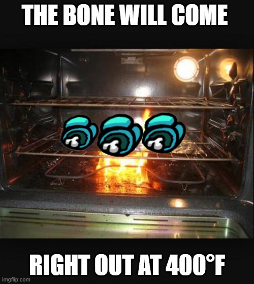 perfectly cooked | THE BONE WILL COME; RIGHT OUT AT 400°F | image tagged in oven fire 2 | made w/ Imgflip meme maker