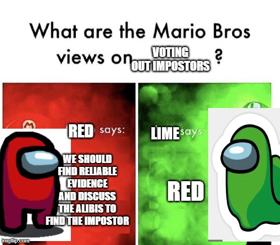 red killed i saw it | VOTING OUT IMPOSTORS; RED; LIME; WE SHOULD FIND RELIABLE EVIDENCE AND DISCUSS THE ALIBIS TO FIND THE IMPOSTOR; RED | image tagged in mario bros views | made w/ Imgflip meme maker