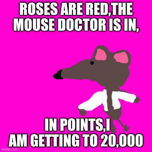 im at 19051.only 949 to go! | ROSES ARE RED,THE MOUSE DOCTOR IS IN, IN POINTS,I AM GETTING TO 20,000 | image tagged in blank hot pink background | made w/ Imgflip meme maker