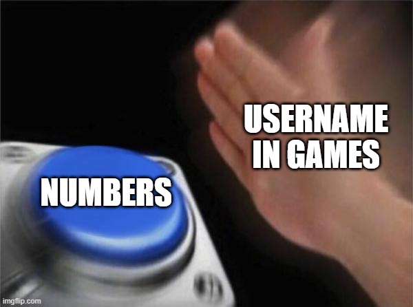 Blank Nut Button Meme | USERNAME IN GAMES; NUMBERS | image tagged in memes,blank nut button | made w/ Imgflip meme maker