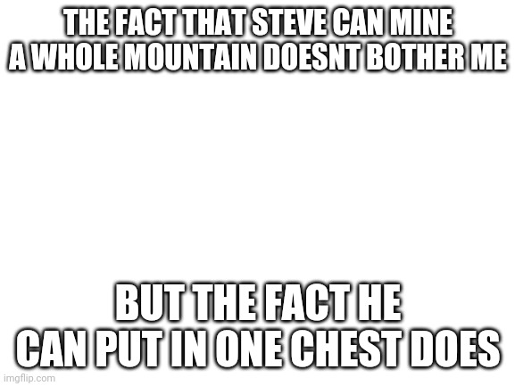 Blank White Template | THE FACT THAT STEVE CAN MINE A WHOLE MOUNTAIN DOESNT BOTHER ME; BUT THE FACT HE CAN PUT IN ONE CHEST DOES | image tagged in blank white template | made w/ Imgflip meme maker