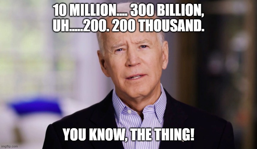Joe Biden 2020 | 10 MILLION.... 300 BILLION, UH.....200. 200 THOUSAND. YOU KNOW, THE THING! | image tagged in joe biden 2020 | made w/ Imgflip meme maker