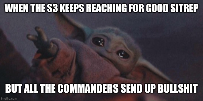 Baby yoda cry | WHEN THE S3 KEEPS REACHING FOR GOOD SITREP; BUT ALL THE COMMANDERS SEND UP BULLSHIT | image tagged in baby yoda cry | made w/ Imgflip meme maker
