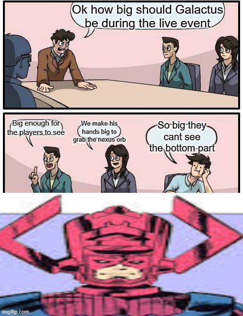 Ok how big should Galactus be during the live event; We make his hands big to grab the nexus orb; Big enough for the players to see; So big they cant see the bottom part | image tagged in boardroom meeting suggestion | made w/ Imgflip meme maker