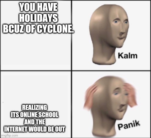 :/ No internet= No lyf | YOU HAVE HOLIDAYS BCUZ OF CYCLONE. REALIZING ITS ONLINE SCHOOL AND THE INTERNET WOULD BE OUT | image tagged in kalm panik | made w/ Imgflip meme maker