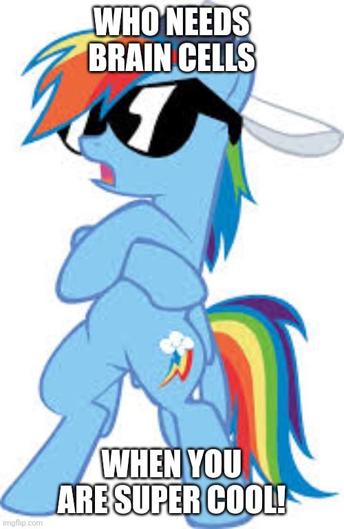 super cool Rainbow Dash | WHO NEEDS BRAIN CELLS; WHEN YOU ARE SUPER COOL! | image tagged in super cool rainbow dash,memes,brain cells,super cool | made w/ Imgflip meme maker
