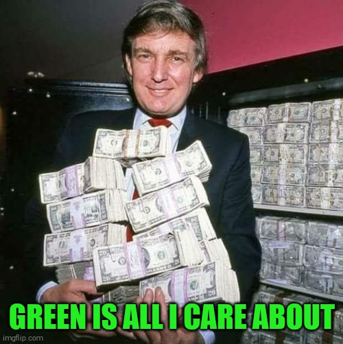 Trump money | GREEN IS ALL I CARE ABOUT | image tagged in trump money | made w/ Imgflip meme maker