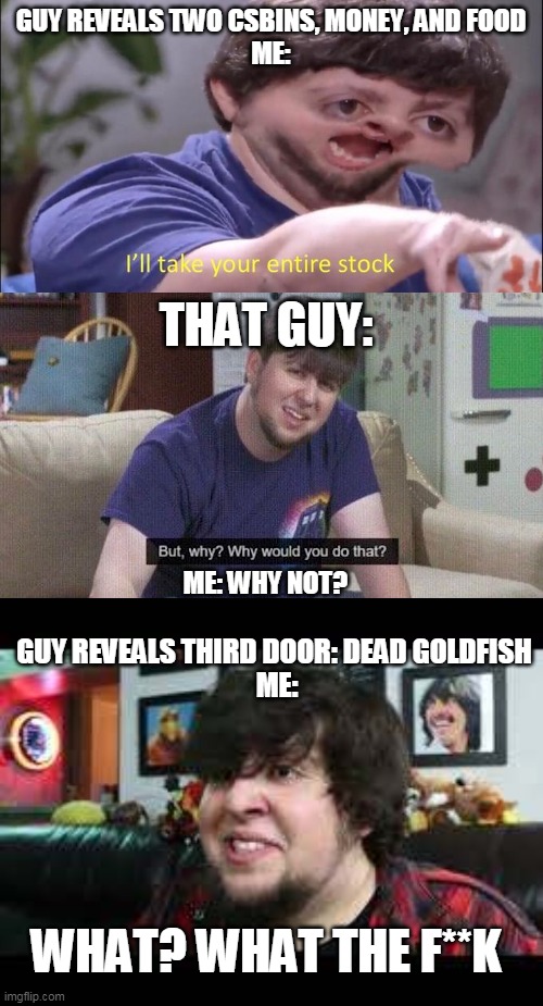 Official JonTron Trio | GUY REVEALS TWO CSBINS, MONEY, AND FOOD
ME:; THAT GUY:; ME: WHY NOT? GUY REVEALS THIRD DOOR: DEAD GOLDFISH 
ME:; WHAT? WHAT THE F**K | image tagged in i'll take your entire stock,but why why would you do that | made w/ Imgflip meme maker