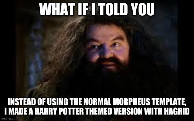 got this idea in my head | WHAT IF I TOLD YOU; INSTEAD OF USING THE NORMAL MORPHEUS TEMPLATE, I MADE A HARRY POTTER THEMED VERSION WITH HAGRID | image tagged in hagrid yer a wizard,what if i told you,matrix morpheus,harry potter | made w/ Imgflip meme maker